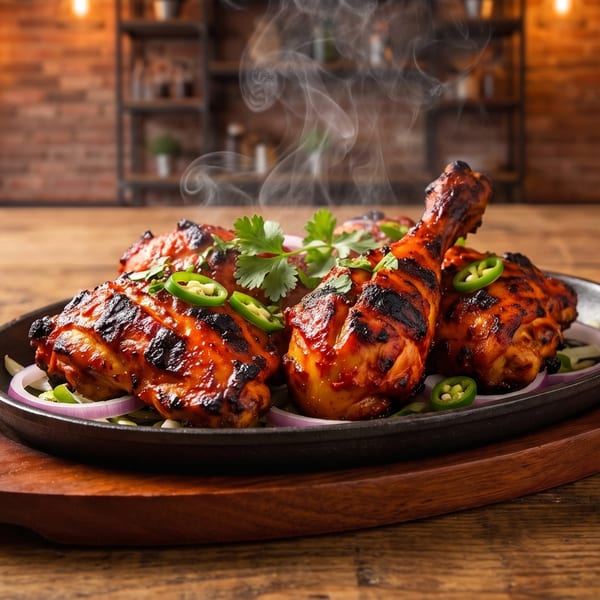 Steaming hot tandoori chicken drumsticks with cilantro and jalapeños on a sizzling platter.