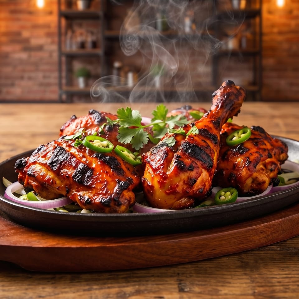 Steaming hot tandoori chicken drumsticks with cilantro and jalapeños on a sizzling platter.