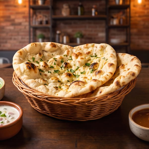 Basket of naan bread with three dipping sauces on a dark wooden table in a restaurant.