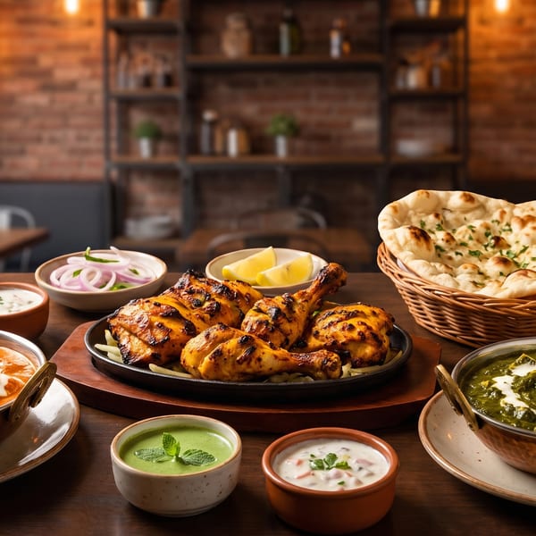 A table laden with various Indian dishes, including tandoori chicken, curries, naan, and sauces.